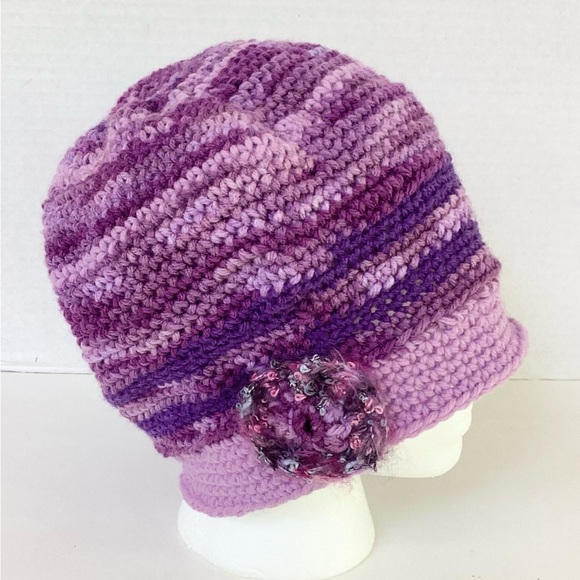 Hat Hand Crafted Purple BeanieStriped Varigated Floral Crochet - Picture 4 of 16